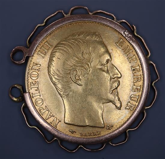 A French 1855 20 franc yellow gold coin, with 9ct pendant mount.